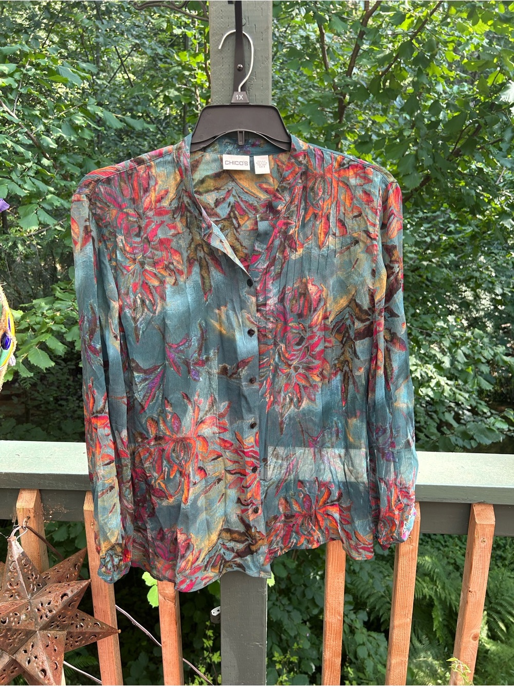 Chico's Teal Floral Sheer Button Blouse